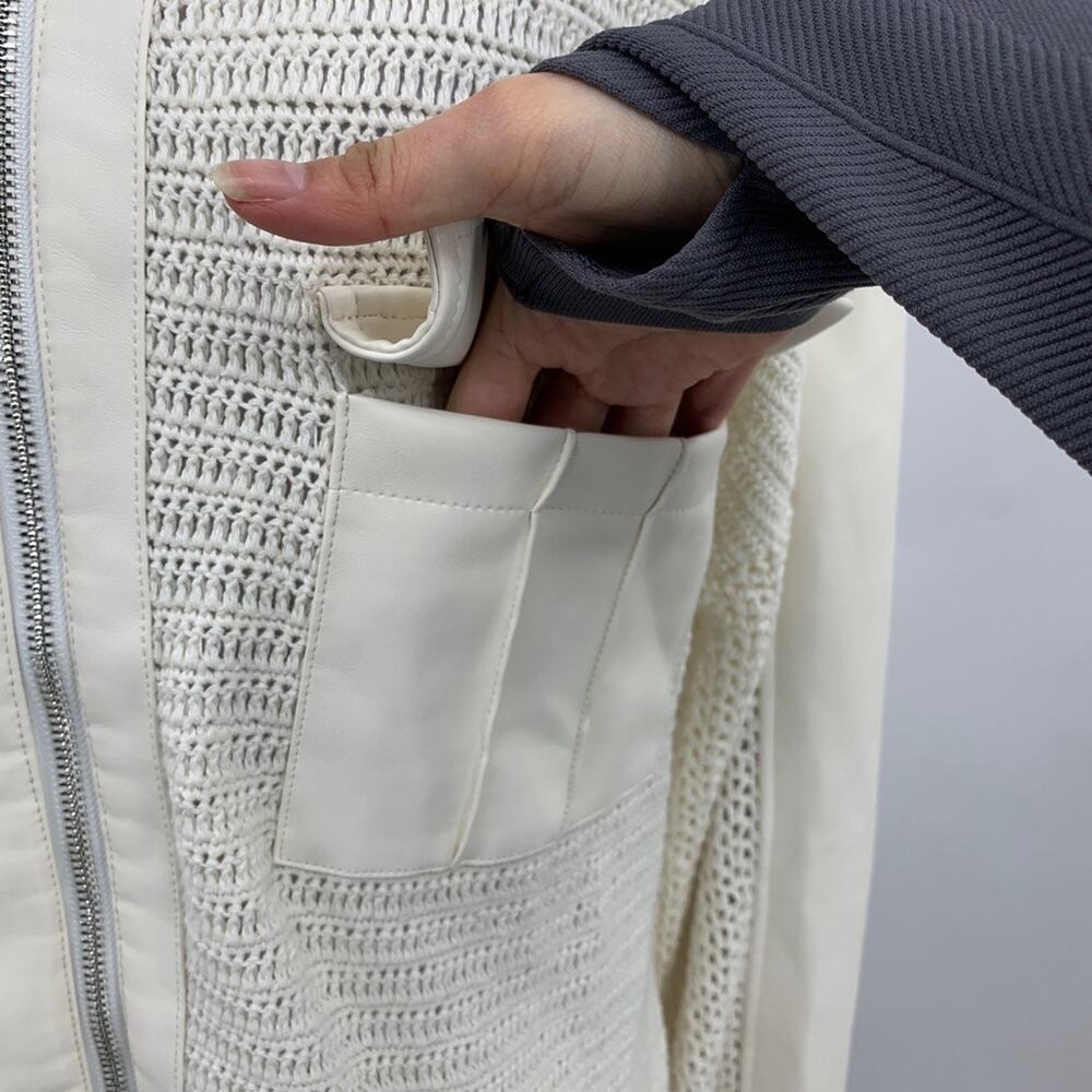 Anthropologie Cardigan Womens M Medium Cream Crochet Bomber Faux Leather Panels - Picture 5 of 14
